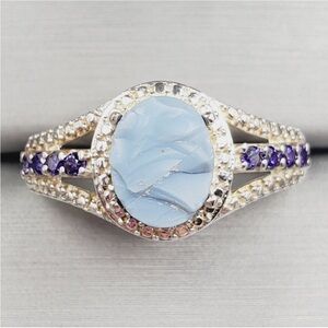 Genuine Rough Cut Blue Oregon Opal & Purple Diamond Simulants 925 Silver Ring